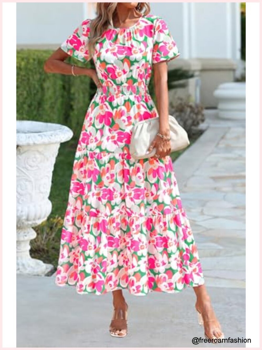 Women's Smocked Boho Floral A-Line Maxi Dress Flutter Sleeve Tiered Long - Picture 2 of 6